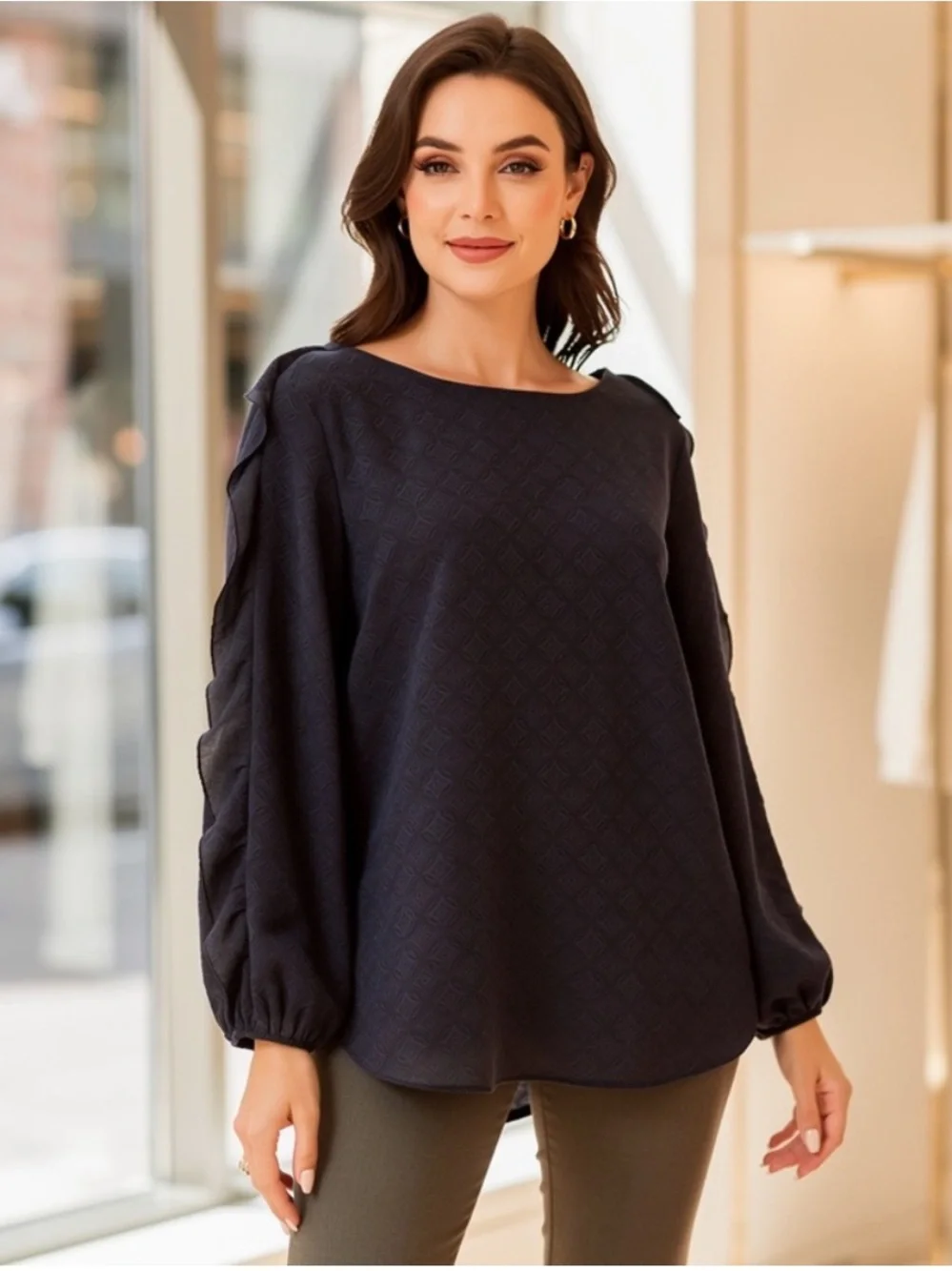 Banana Republic Navy Diamond Jacquard Blouse Sheer Sleeves Size M